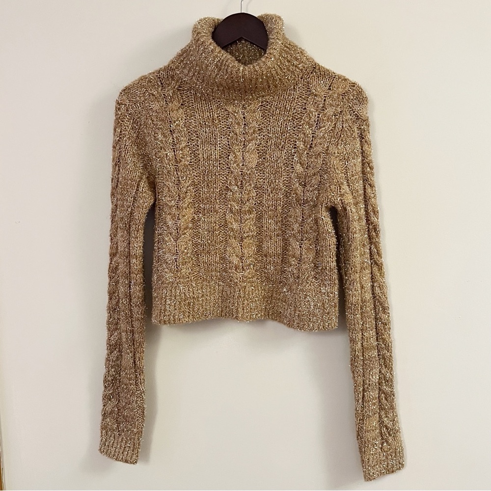 Anthropologie Pilcro Cropped Metallic Tan Cable Knit Turtleneck Sweater Size XS